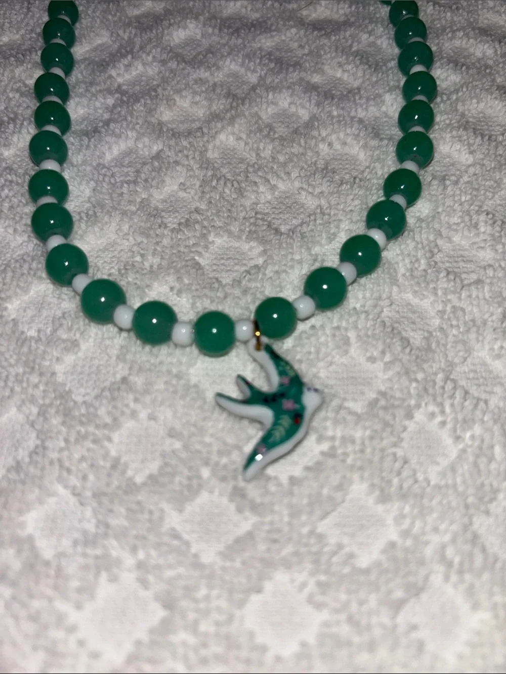 Teal Beaded Necklace with Enamel Swallow Pendant - Women Jewelry